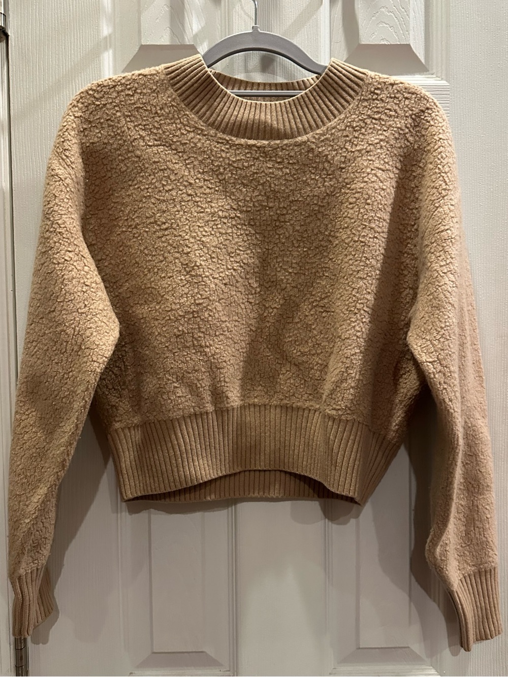 Babaton Tan Wool-Cotton Sherpa Crewneck Sweater